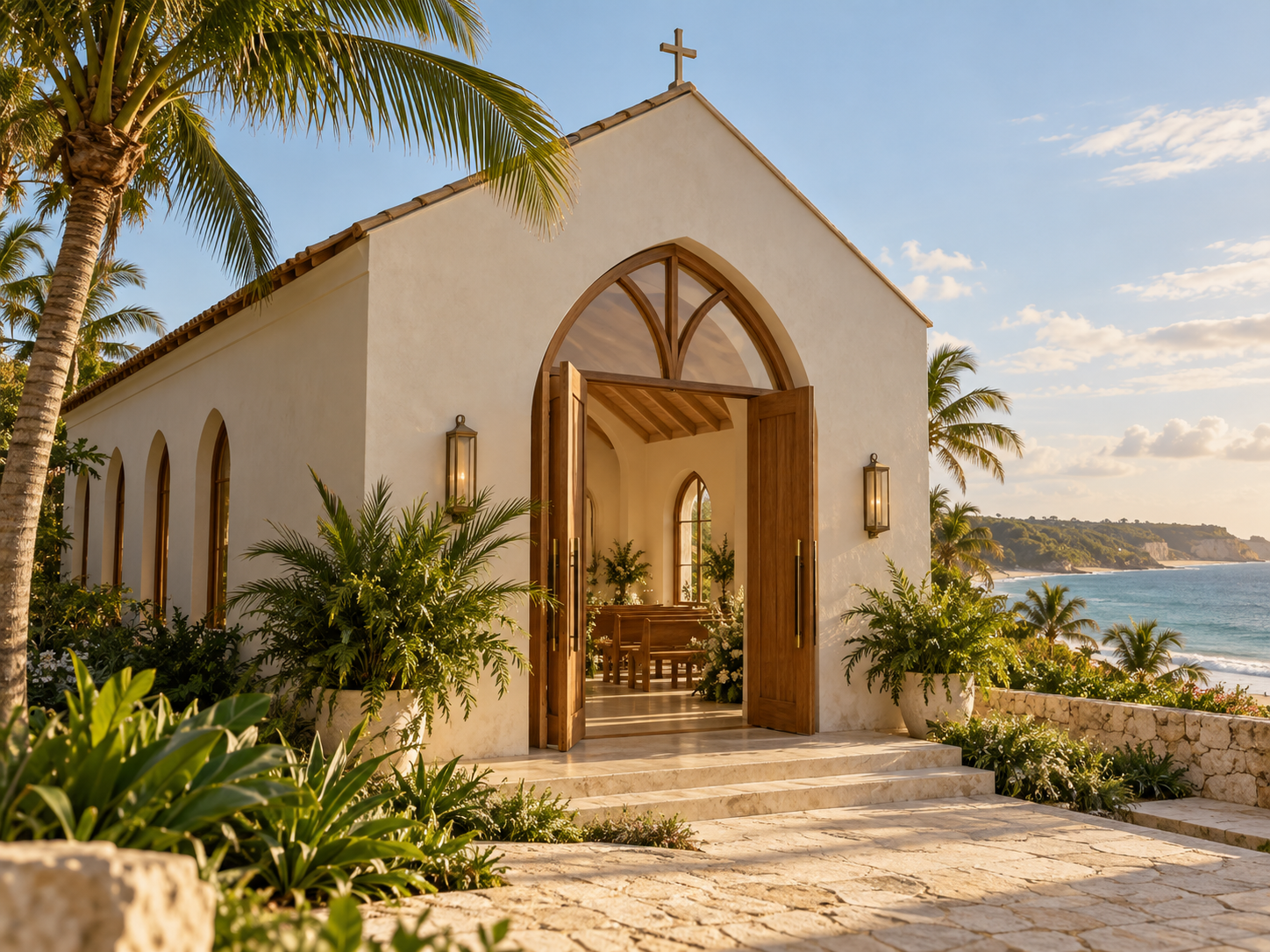 Imagem conceitual da capela para cerimônias, com fachada clara e portas de madeira