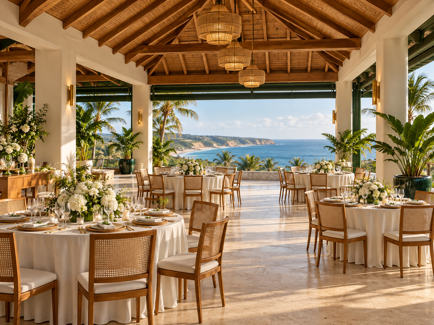 Imagem conceitual do salão coberto, com mesas decoradas e vista para o mar